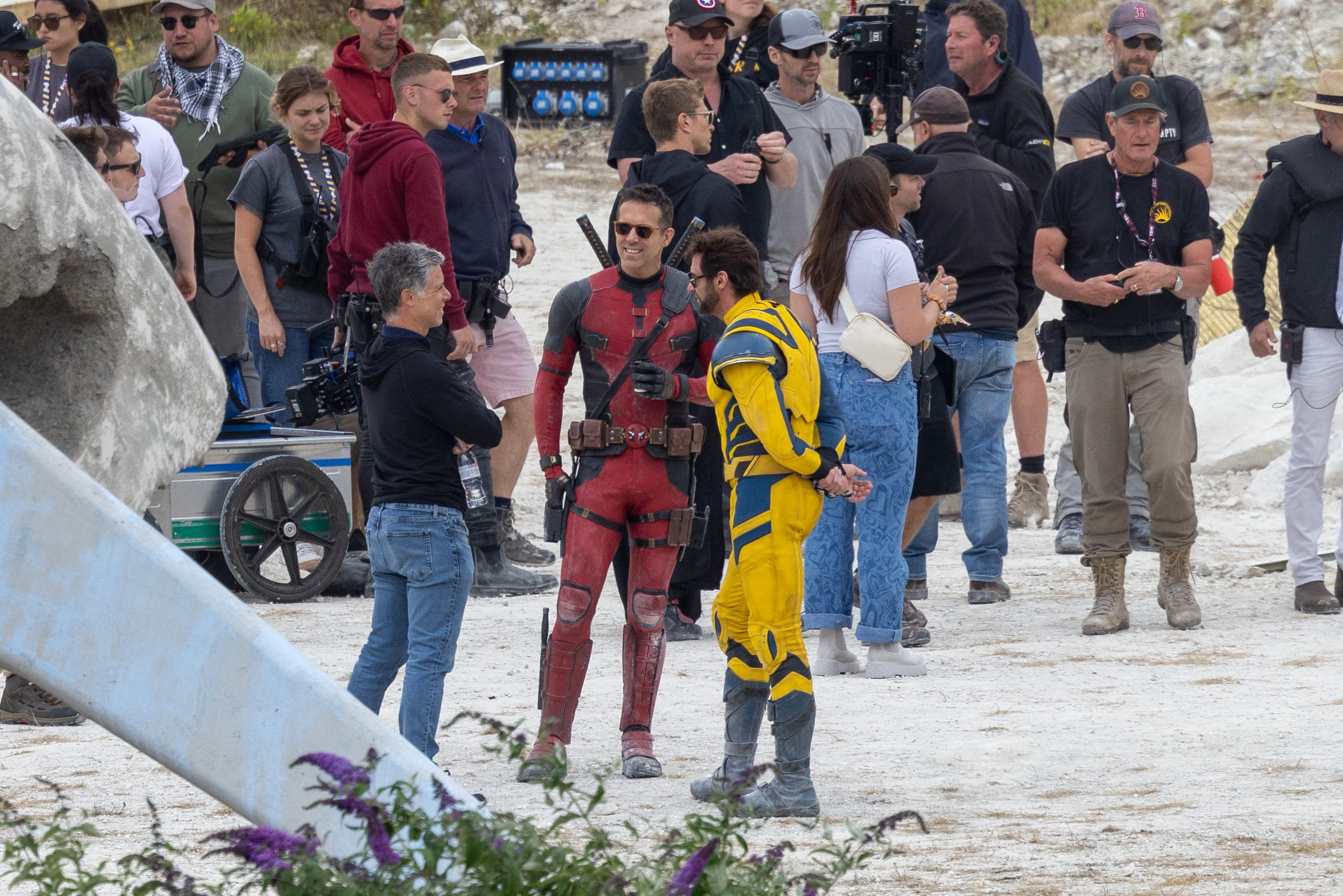 Hugh Jackman and Ryan Reynolds on the set of Deadpool 3