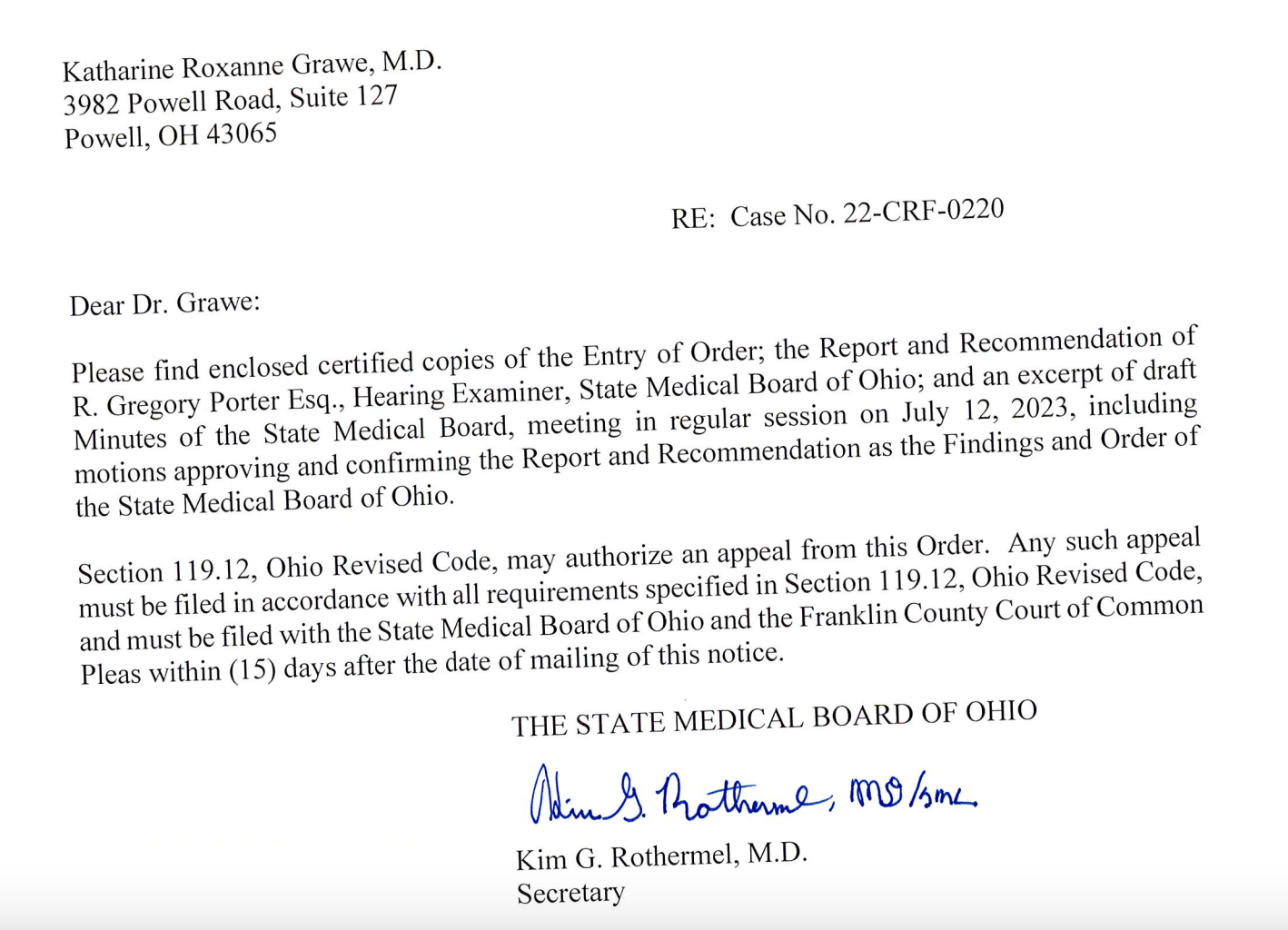 Screenshot of letter from the State Medical Board of Ohio