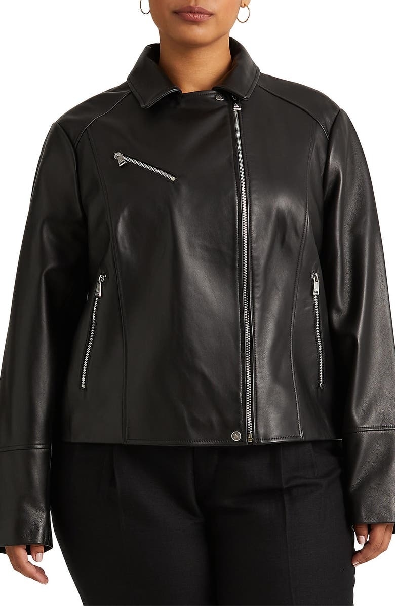 model in black leather moto jacket