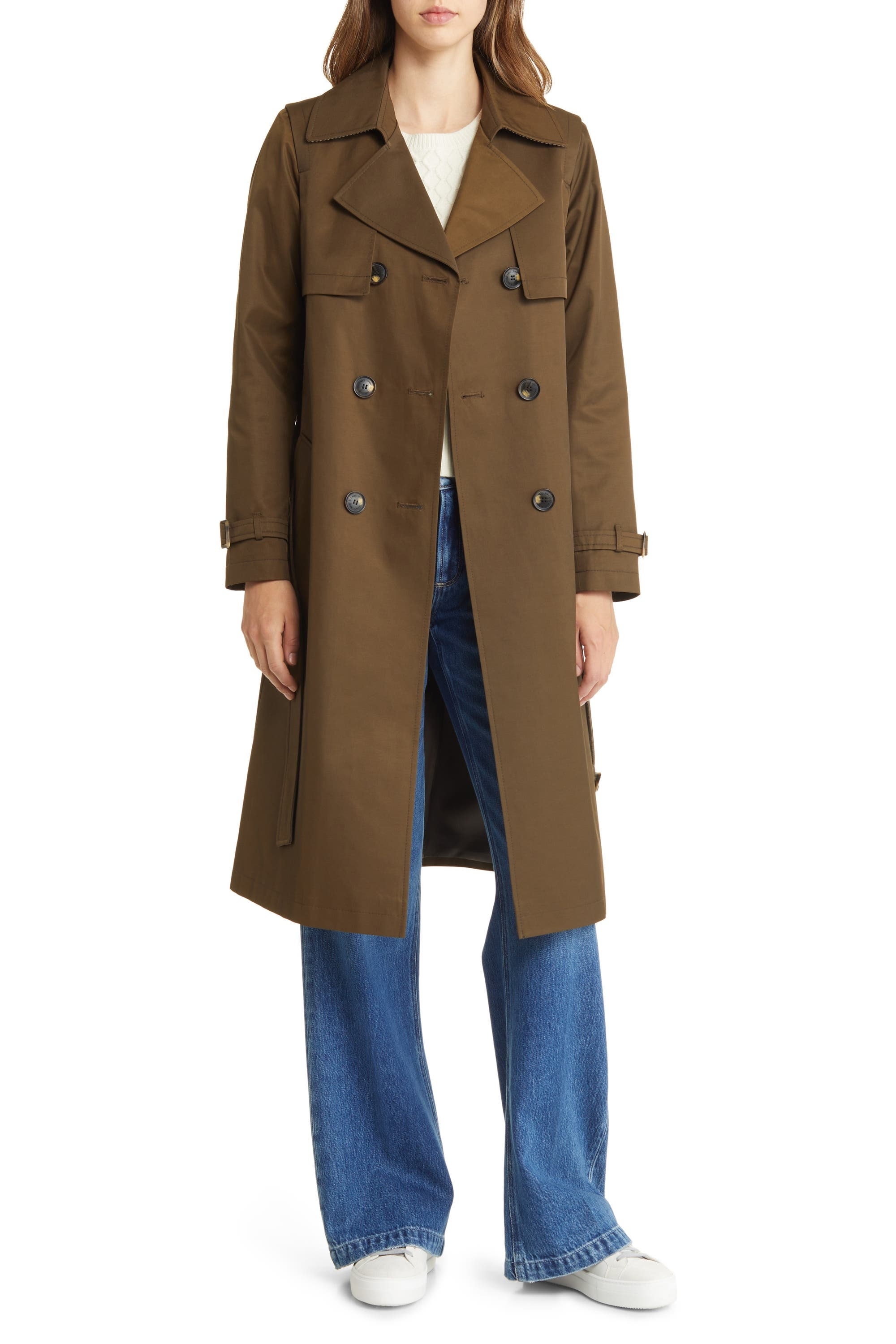 model in dark brown trench coat
