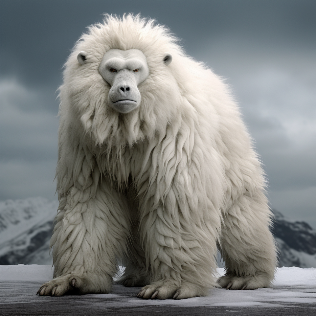 A polar bear with the face of an ape