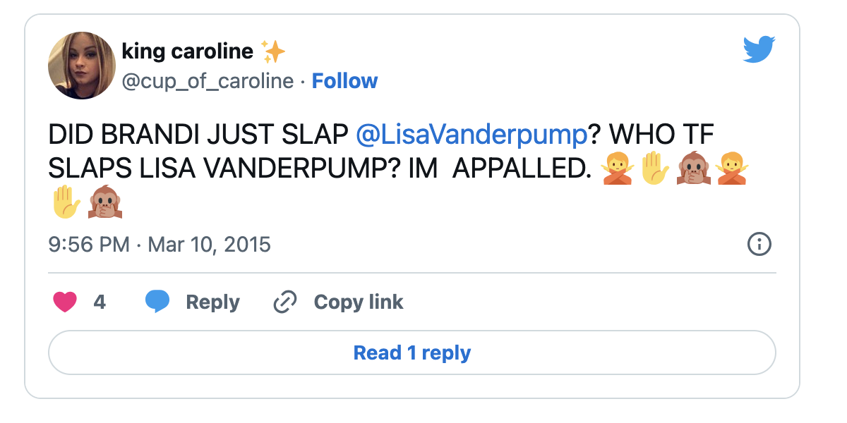 a tweet that says, &quot;Did Brandi just slap Lisa Vanderpump? Who tf slaps LVP? I&#x27;m appalled.&quot;