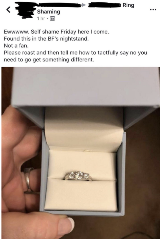 the photo of the ring and complaint on facebook
