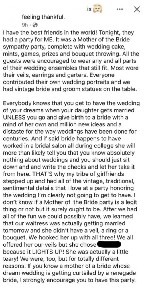 The mother of the bride uses sarcasm to criticize her daughter&#x27;s choices about her wedding and says &quot;everybody knows you get to have the wedding of your dreams when your daughter gets married&quot;
