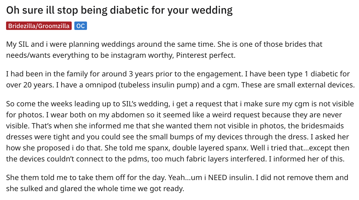 oh sure i&#x27;ll stop being diabetic for your wedding