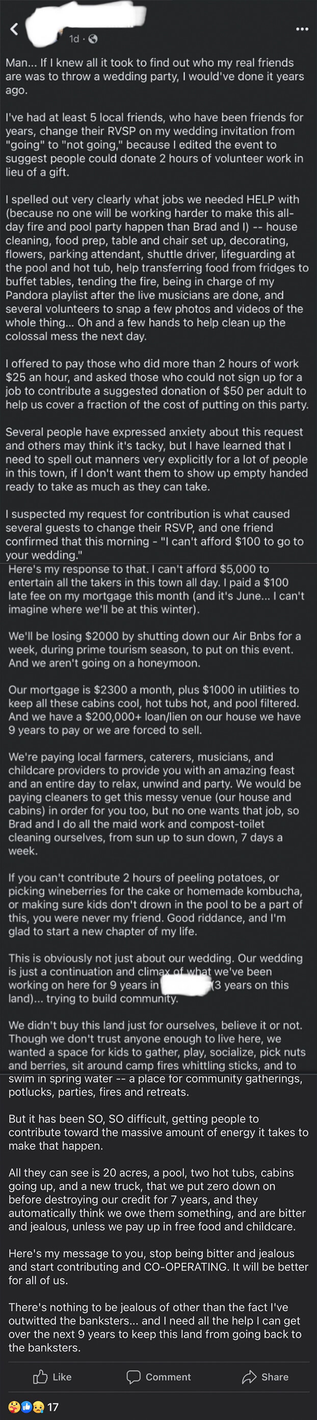 long message about the couple needing to shut down their airbnb so they can host their own wedding there but it&#x27;ll make them lose money so they are demanding people help