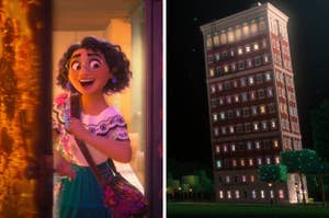 On the left, Mirabel from Encanto bursting through a door, and on the right, a towering apartment building from Wreck-It Ralph