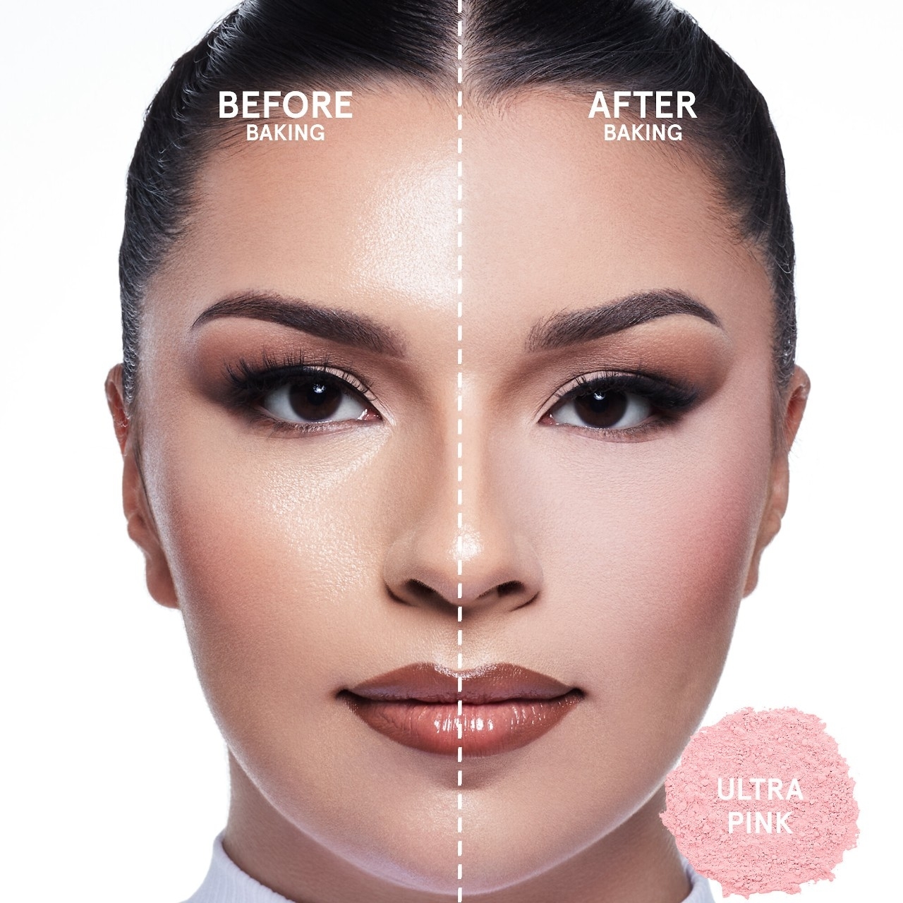 A model showing the before and after of applying the setting powder
