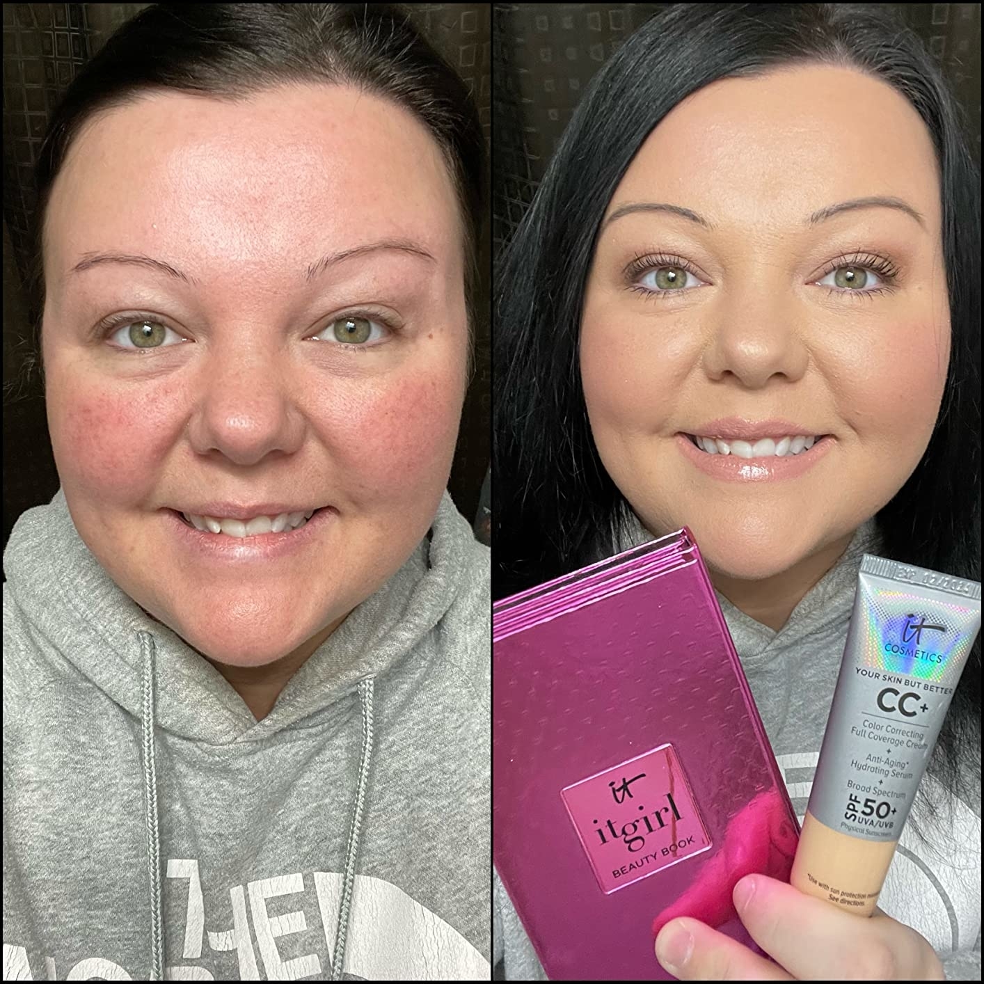 A reviewer showing a before and after photo for the application of the product