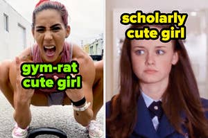 An image of a man at the gym labeled "gym-rat cute girl" on the left side and an image of a professor labeled "scholarly cute girl" on the right side.