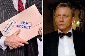 A hand holding a top secret folder next to a separate image of james bond in a suit with a bow tie