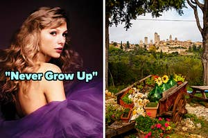 On the left, Taylor Swift on the cover of Speak Now Taylor's Version labeled Never Grow Up, and on the right, a view of an Italian village through the trees