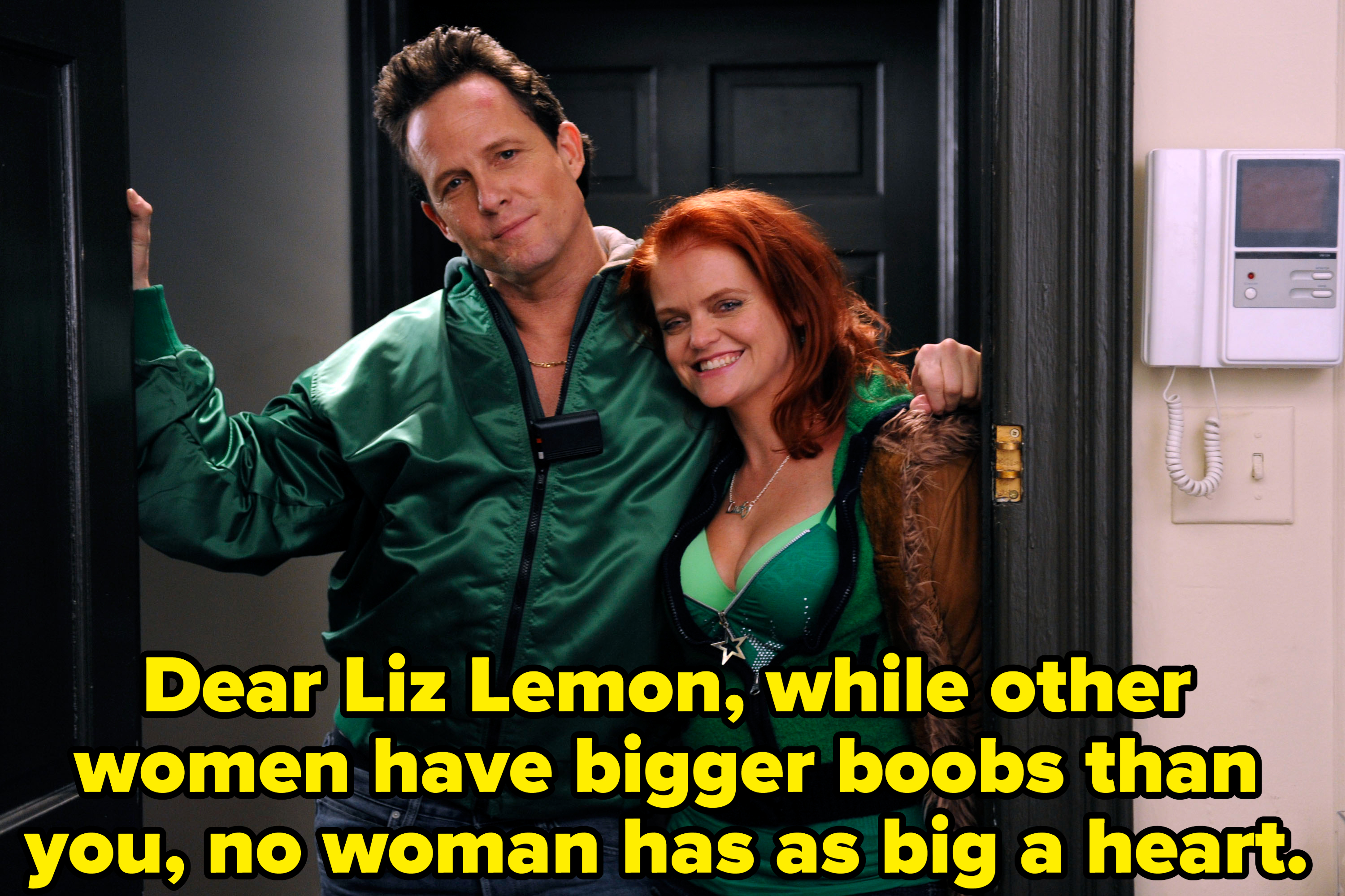 Dean Winters and Megan stand together
