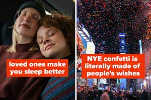 A split thumbnail with two images - one showing two women sleeping with smiles on their faces and one showing the night sky with confetti. Text on each reads "loved ones make you sleep better" and "NYE confetti is literally made of people's wishes!