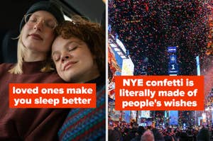 A split thumbnail with two images - one showing two women sleeping with smiles on their faces and one showing the night sky with confetti. Text on each reads "loved ones make you sleep better" and "NYE confetti is literally made of people's wishes!
