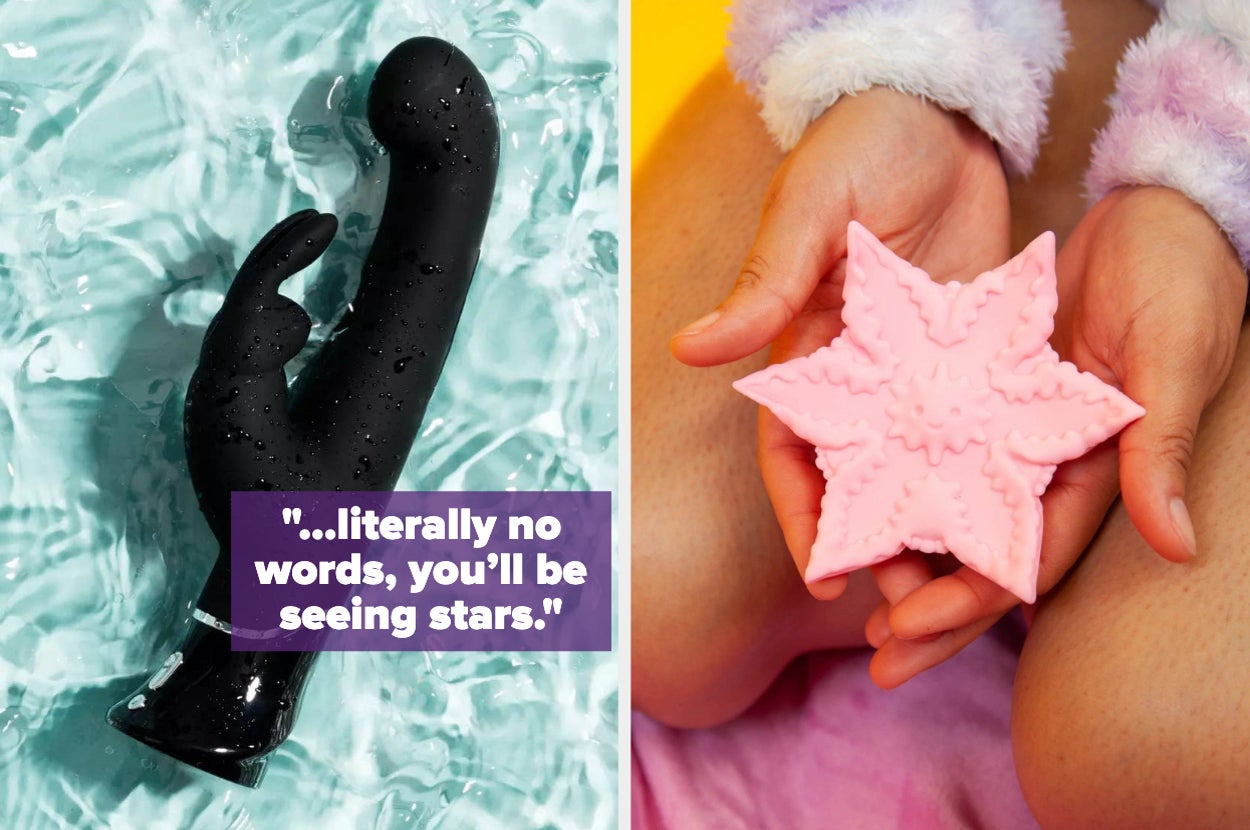 Black rabbit vibrator in water and model holding pink star-shaped vibrator