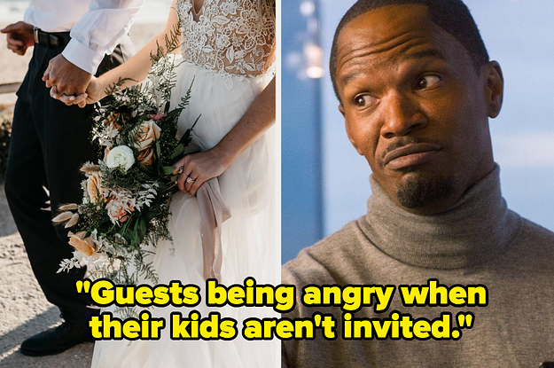 Husband and wife holding hands, Jamie Foxx smirking, text: "Guests being angry when their kids aren't invited."