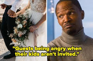 Husband and wife holding hands, Jamie Foxx smirking, text: "Guests being angry when their kids aren't invited."