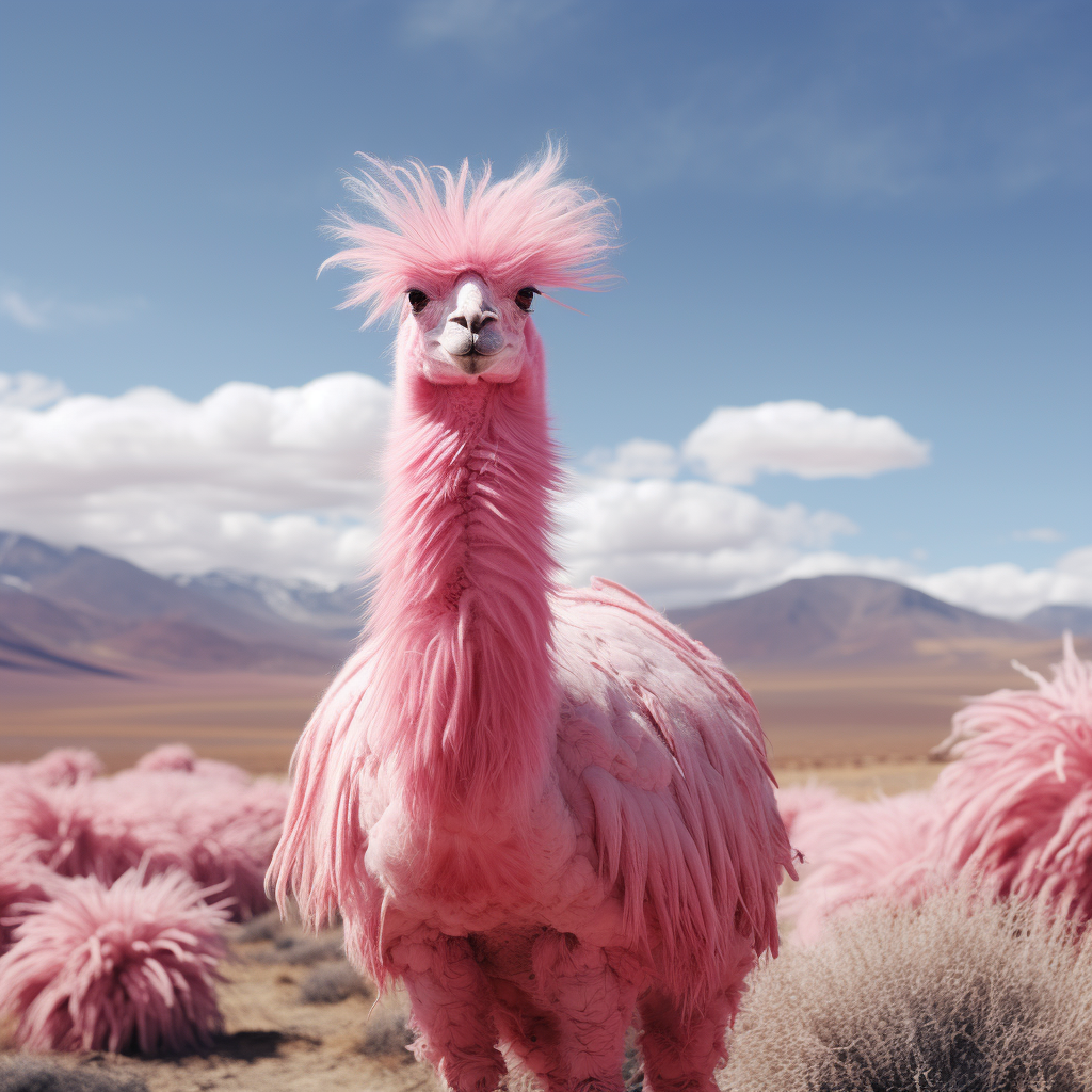 A llama with pink feathers all over its body, like a flamingo