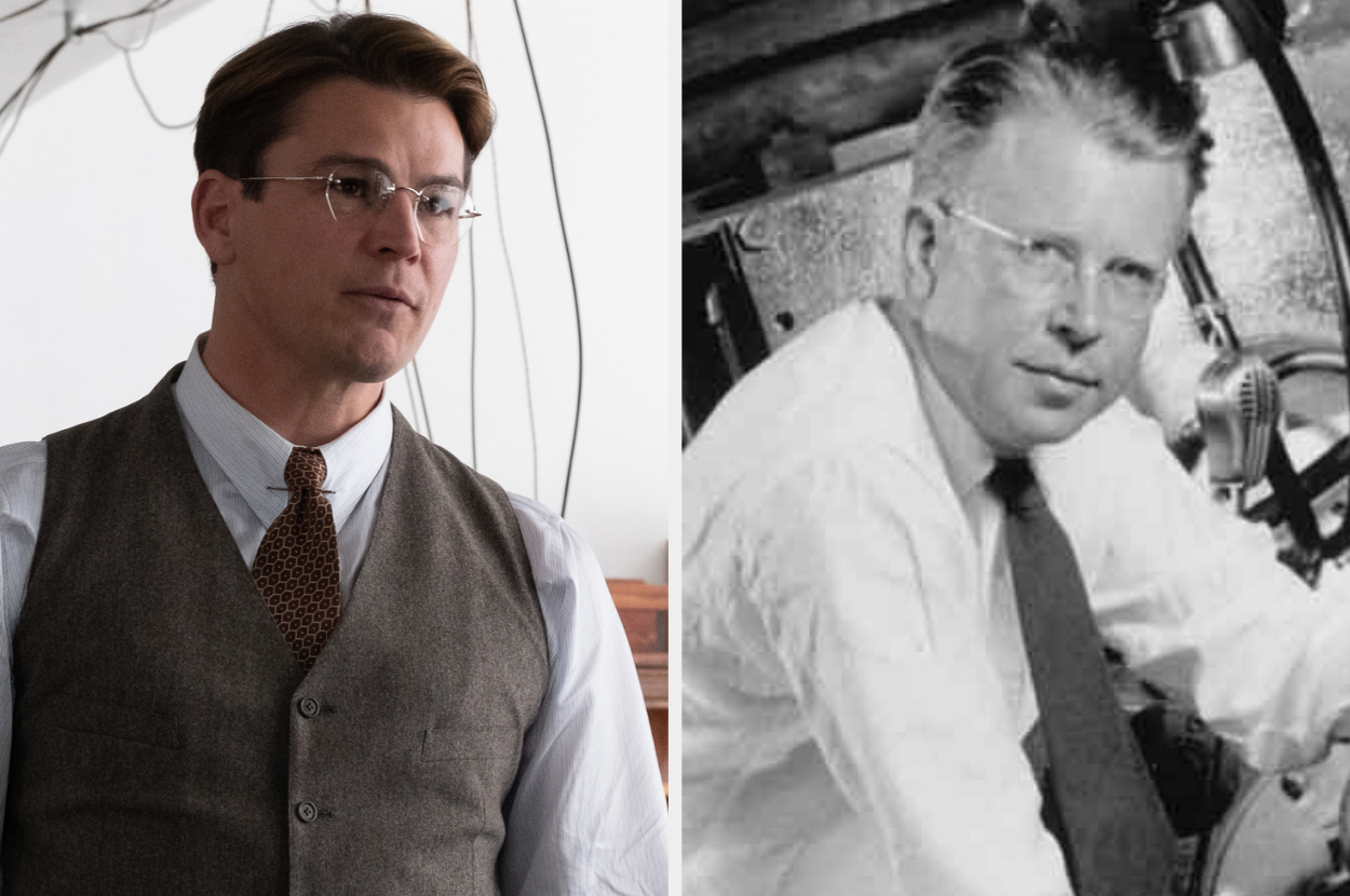 both with hair parted to the side wearing ties and thin framed glasses