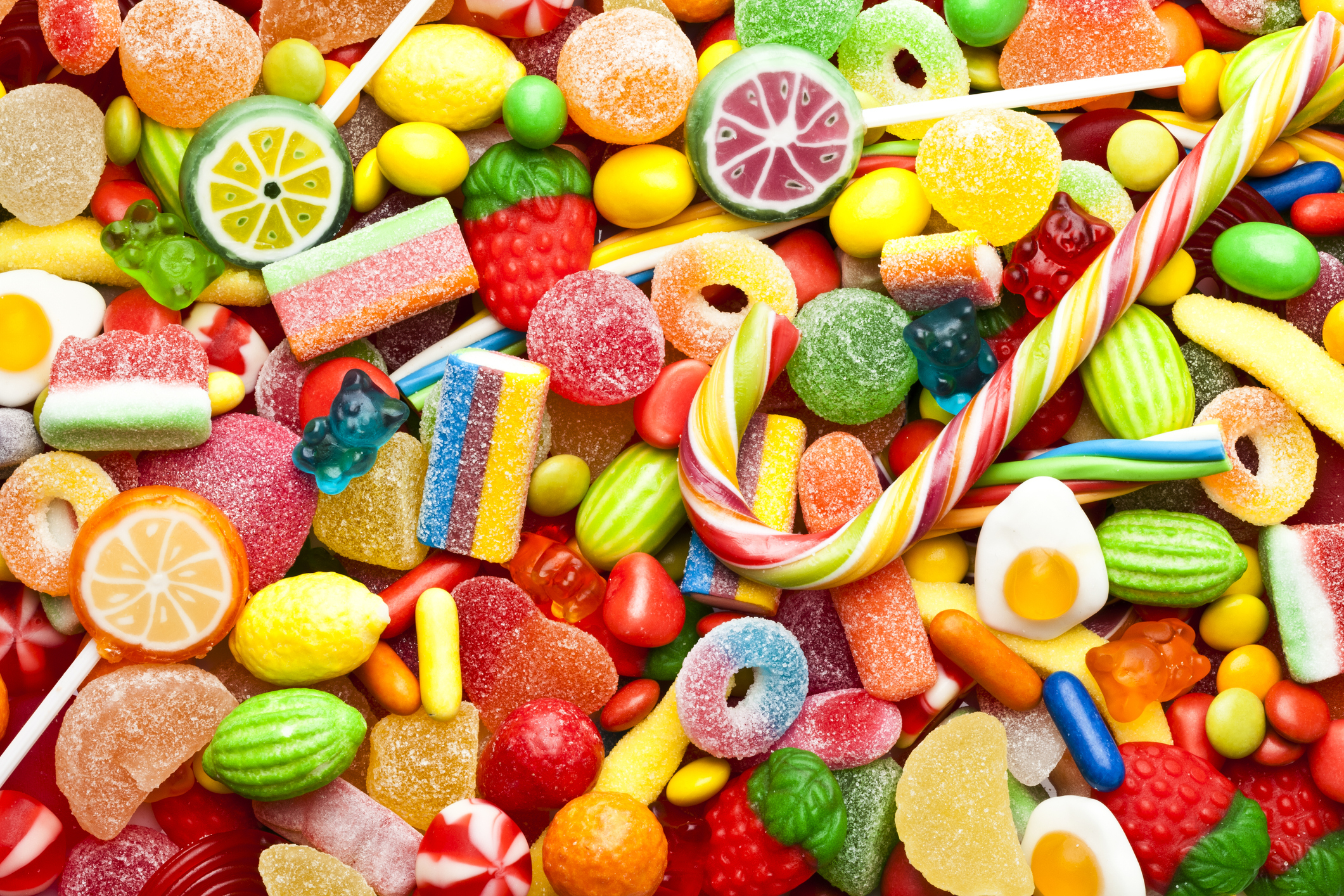 Close-up of sugary fruit-shaped and other candy