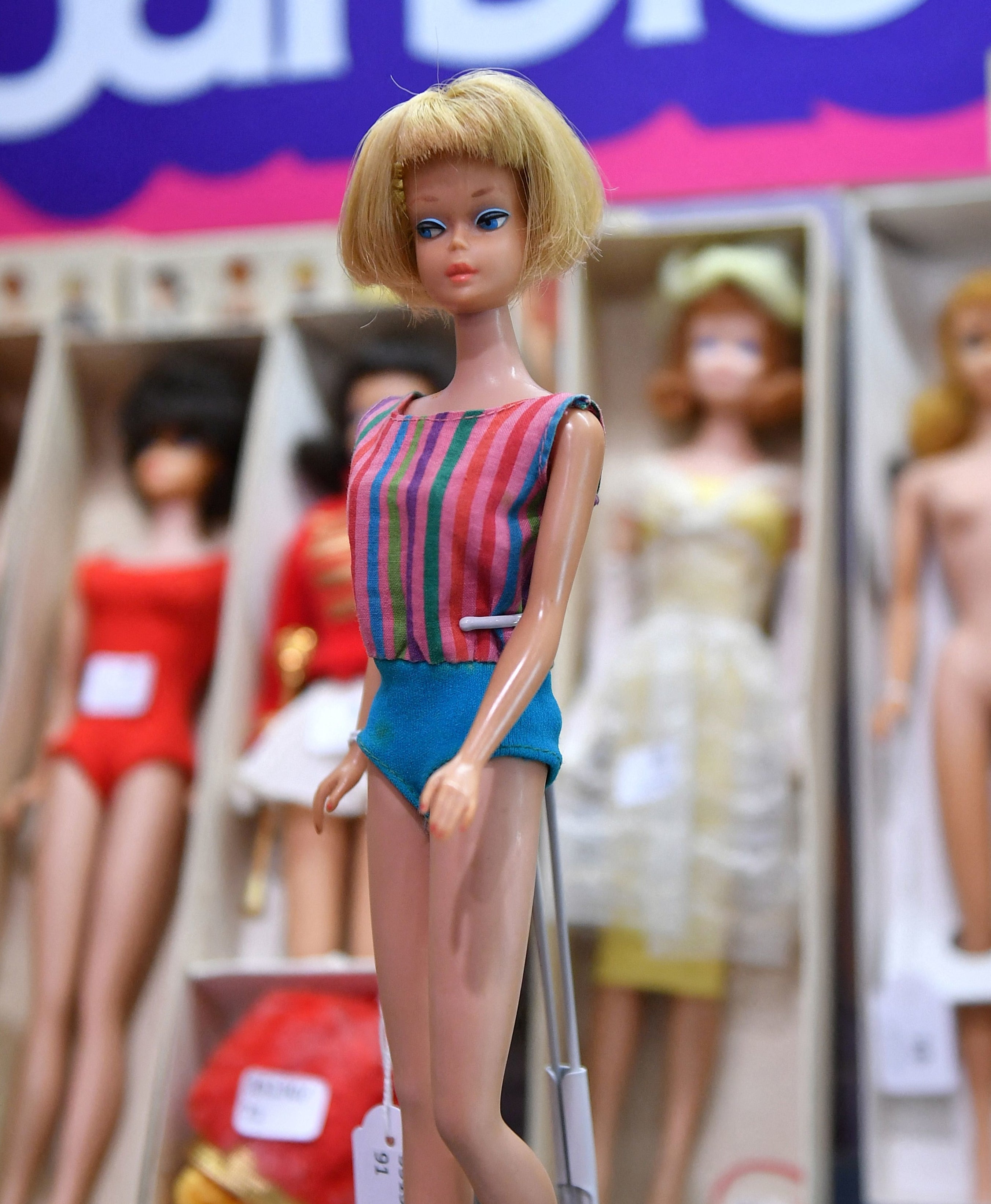 Barbie dolls are displayed prior to the auction service of 318 batches of Barbie dolls dated from 1960&#x27;s to 1990&#x27;s in Pau, Southwestern France