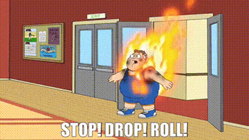 Cartoon character on fire illustrating &quot;Stop, drop, and roll!&quot;