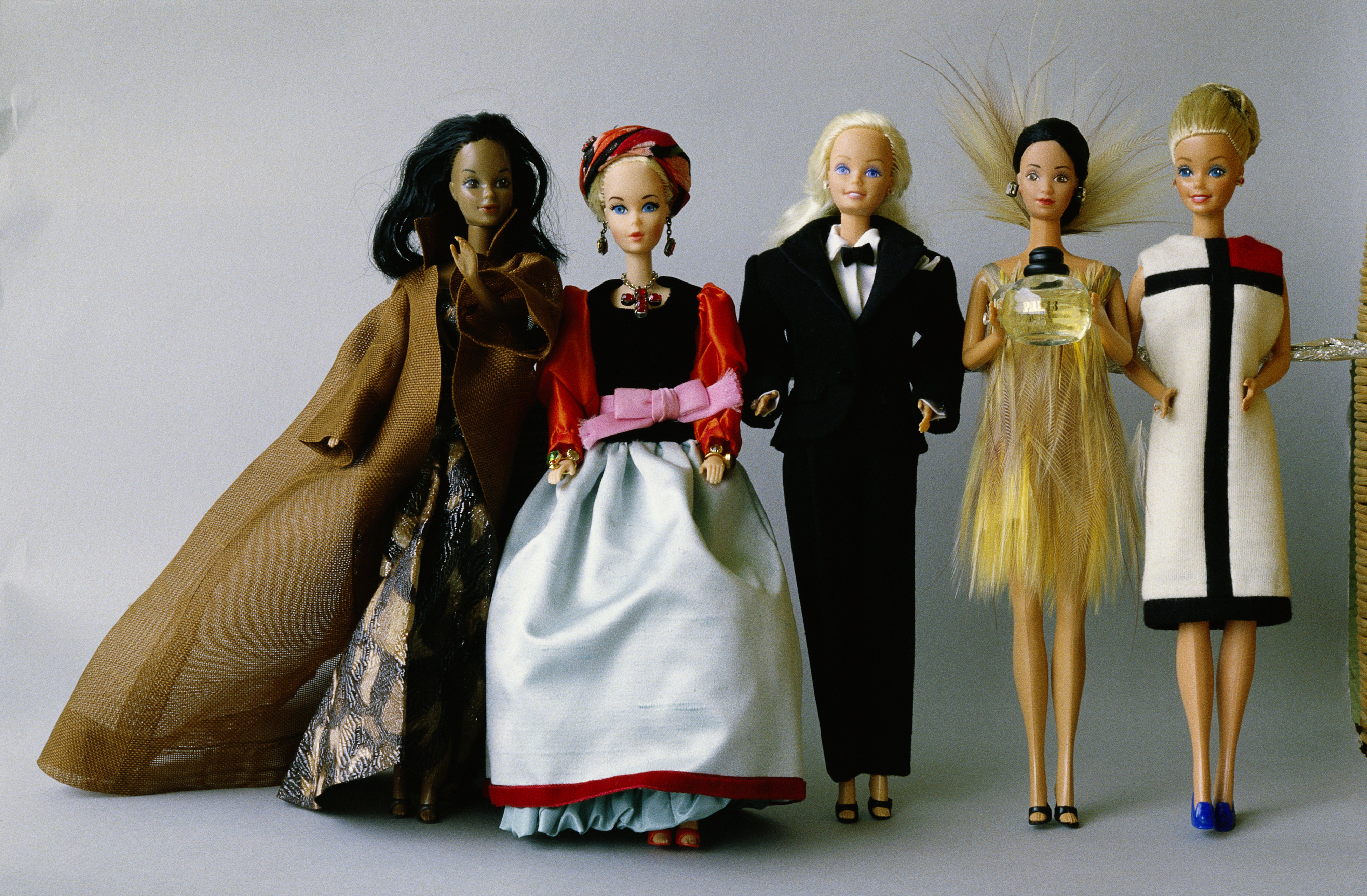 Barbie dolls from the collection of Barbie aficionado Billy Boy wear outfits designed by Yves Saint Laurent