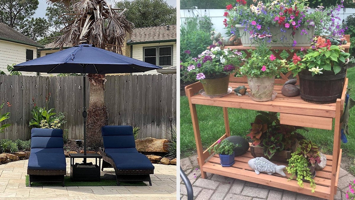 左:深蓝色伞上面两个躺椅池附近。右:布朗杉木盆栽与种植园主锅板凳
