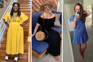 from left to right: reviewer wearing yellow short sleeve midi dress, reviewer wearing off-shoulder black maxi dress. reviewer wearing blue short sleeve mini dress
