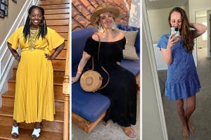 from left to right: reviewer wearing yellow short sleeve midi dress, reviewer wearing off-shoulder black maxi dress. reviewer wearing blue short sleeve mini dress