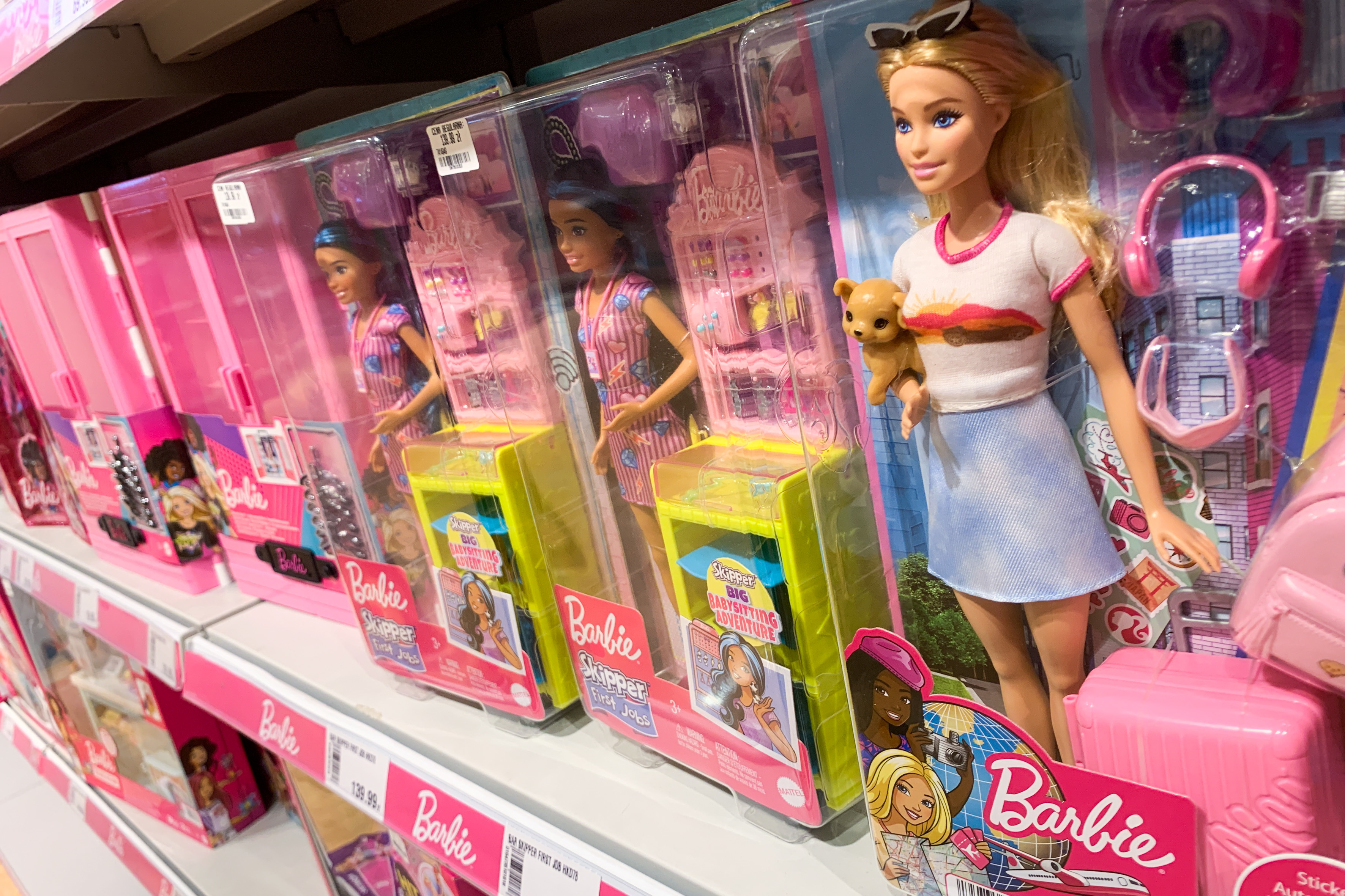 Barbie dolls are seen at the toy shop in Krakow, Poland on July 17, 2023
