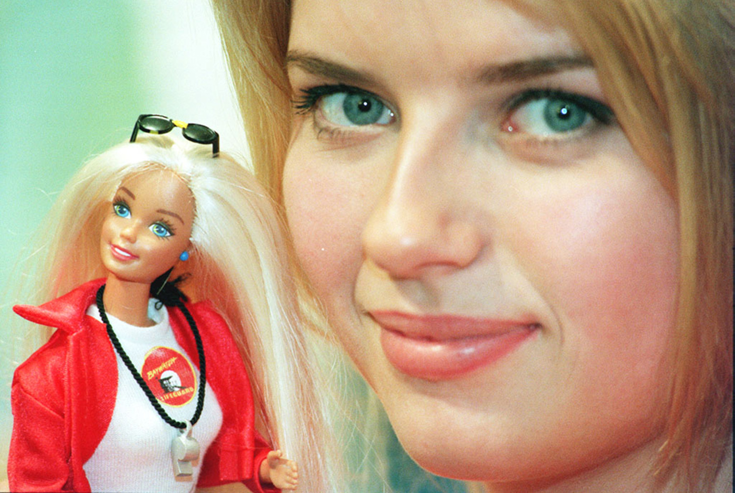 Julie Gillan with Baywatch Barbie and her trendy rescue outfit with whistle, at 1995 British International Toy &amp;amp; Hobby Fair at Olympia, London