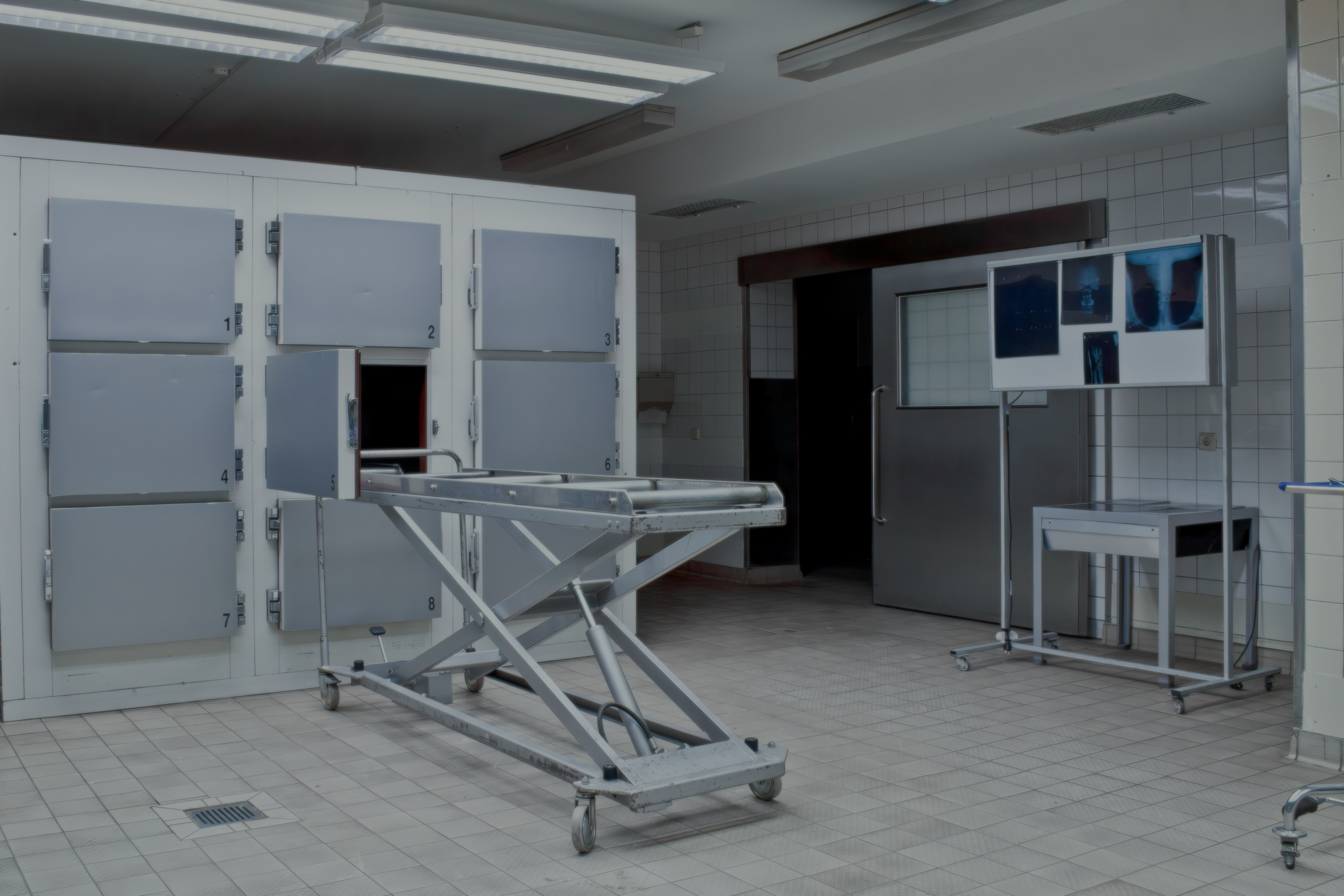 An empty stretcher in a mortuary
