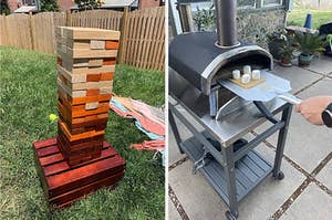 on left: giant stackable wood tower game in backyard. on right: silver table for pizza oven under pizza oven cooking up giant s'mores