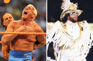 Ric Flair (front) and Shawn Michaels wrestle in the Career Threatening Match at WrestleMania XXIV at the Citrus Bowl on Sunday, March 30, 2008 / Randy Savage in New York City circa 1991