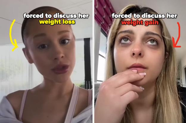 on the left is ariana grande with caption "forced to discuss her weight loss" and on the right is bebe rexha with caption "forced to discuss her weight gain"