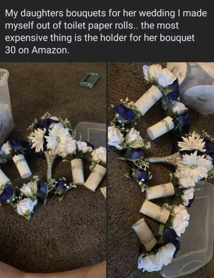 Toilet paper rolls with duct tape and flowers on them