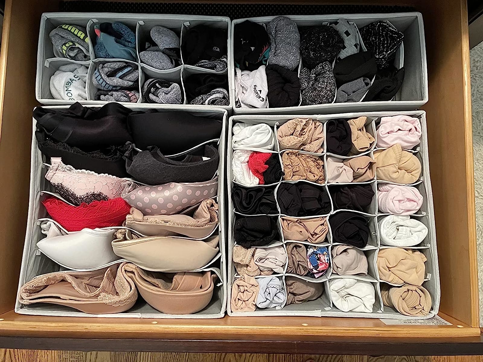 Reviewer image of underwear and socks in the organizers in their dresser drawer