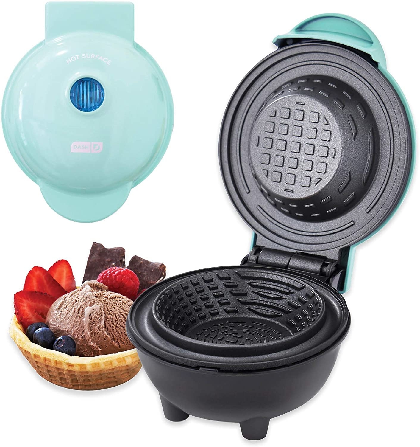 Waffle bowl maker next to a waffle bowl filled with ice-cream and fruit