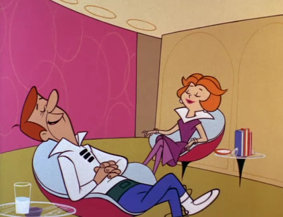 &quot;The Jetsons&quot; cartoon mom and dad sitting and relaxing