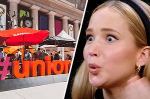 photo of union station in the summer and jennifer lawrence looking shocked