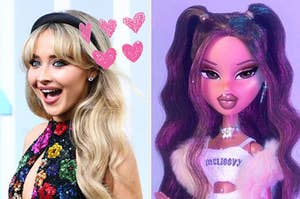 sabrina carpenter on the left and a bratz doll on the right