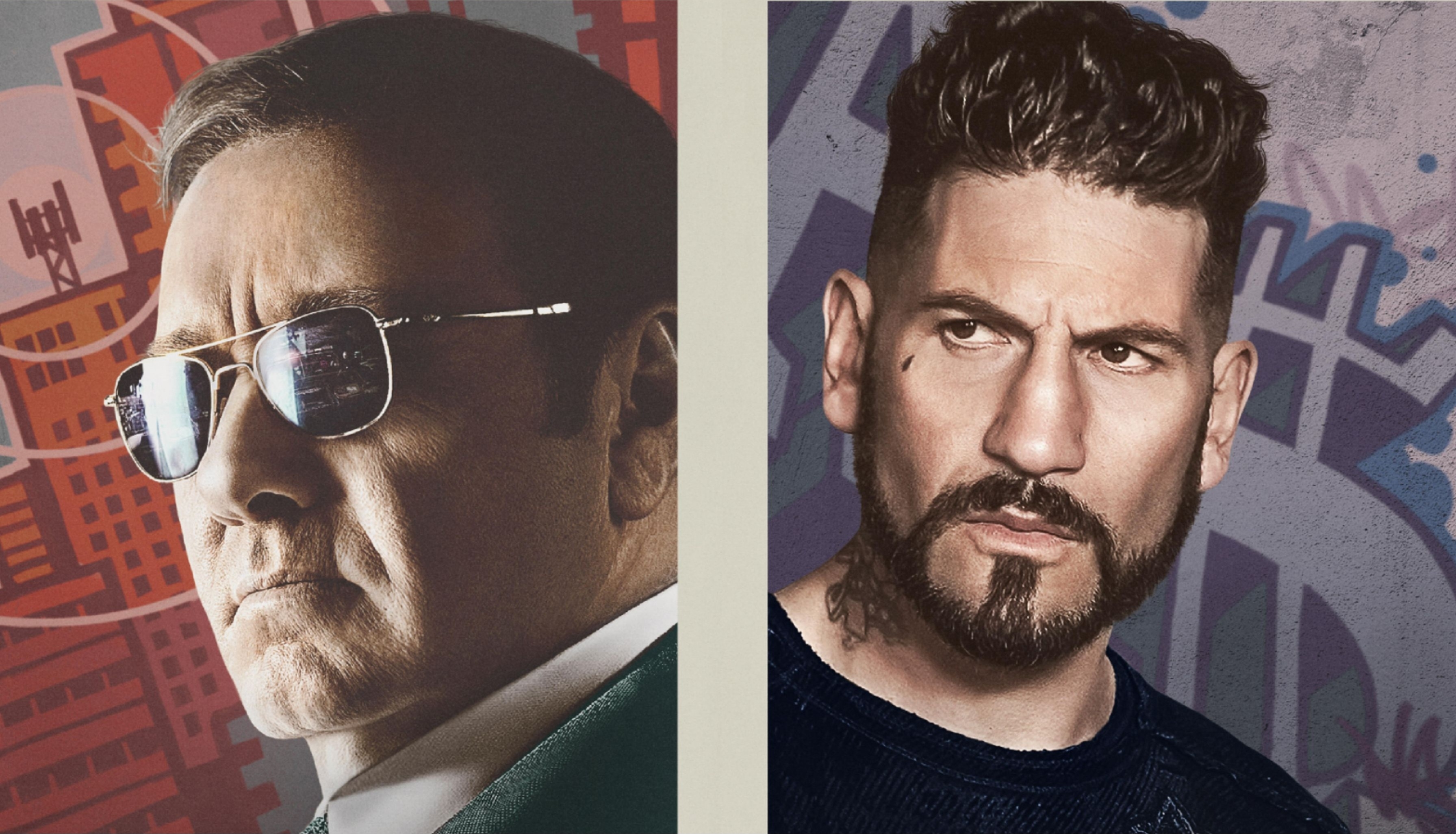 Theatrical posters for &quot;Baby Driver&quot; featuring Kevin Spacey wearing sunglasses on the left and Jon Bernthal on the right