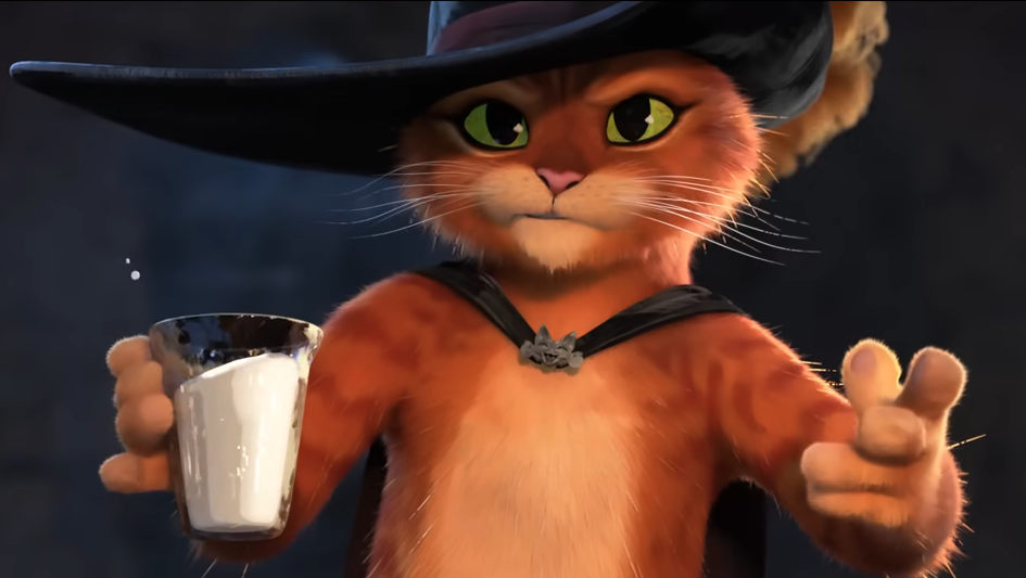 animated cat with a hat and glass of milk