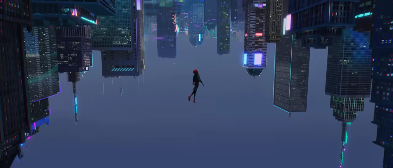 spider-man upside down above the city