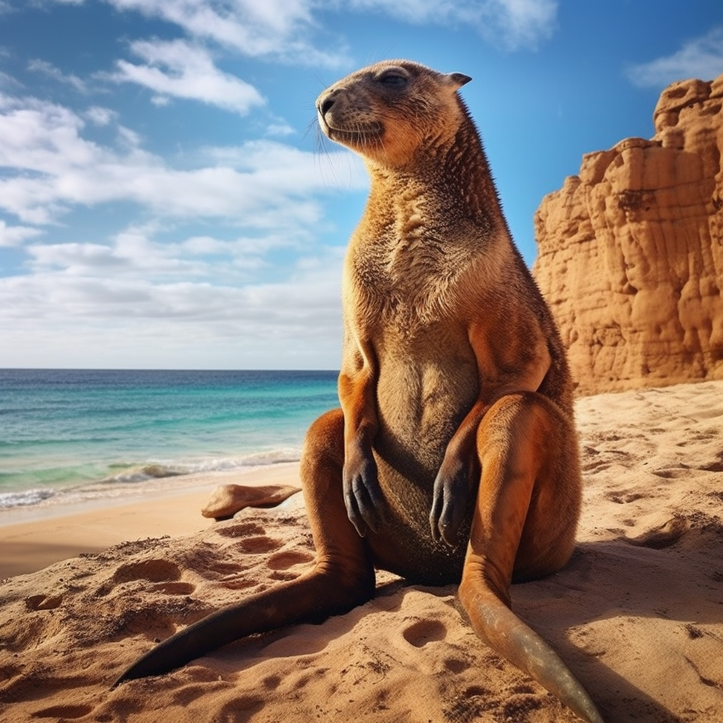 A kangaroo mixed with a sea lion at the beach