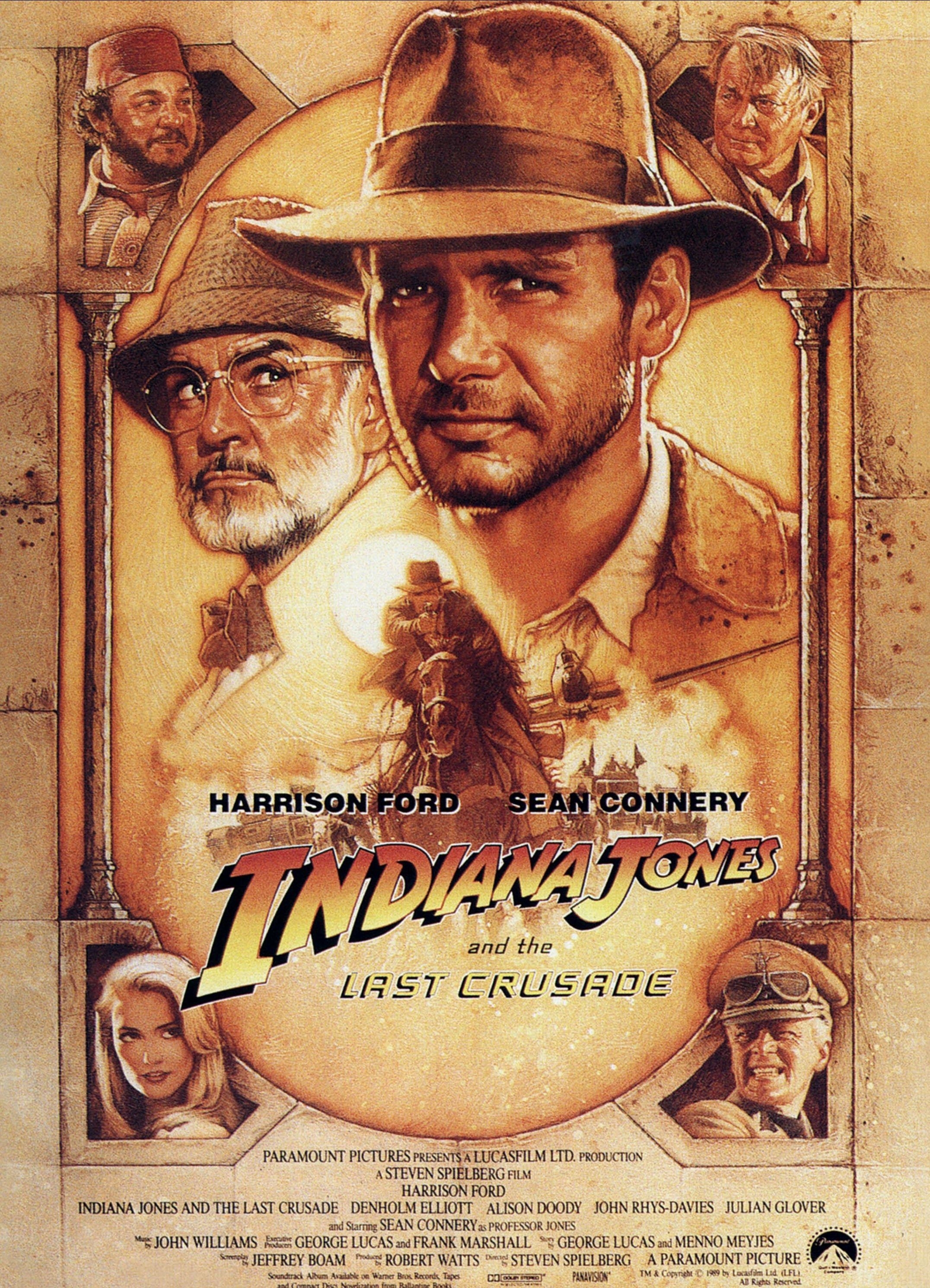 Harrison Ford and Sean Connery are painted on the Indiana Jones and the Last Crusade movie poster.