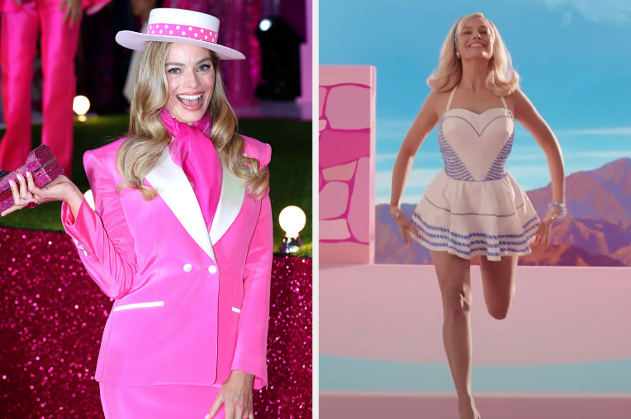double images, on the left, Margot Robbie at the movie premiere as Day and Night Barbie, and on the right, Barbie wearing a blue gingham dress in the movie