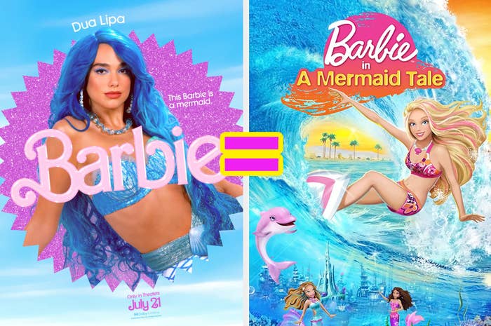 double images, on the left, photo of Dua Lipa as Mermaid Barbie on a poster and on the right, a poster of Barbie in A Mermaid Tale movie
